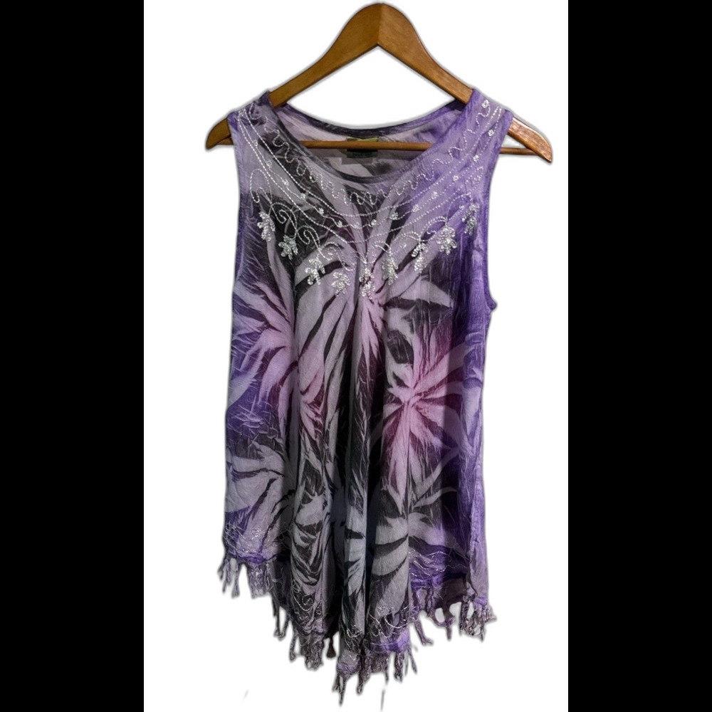 Boho Tunic Top Womens S M L Purple Tie Dye Rayon Fringe Hem Embroidered